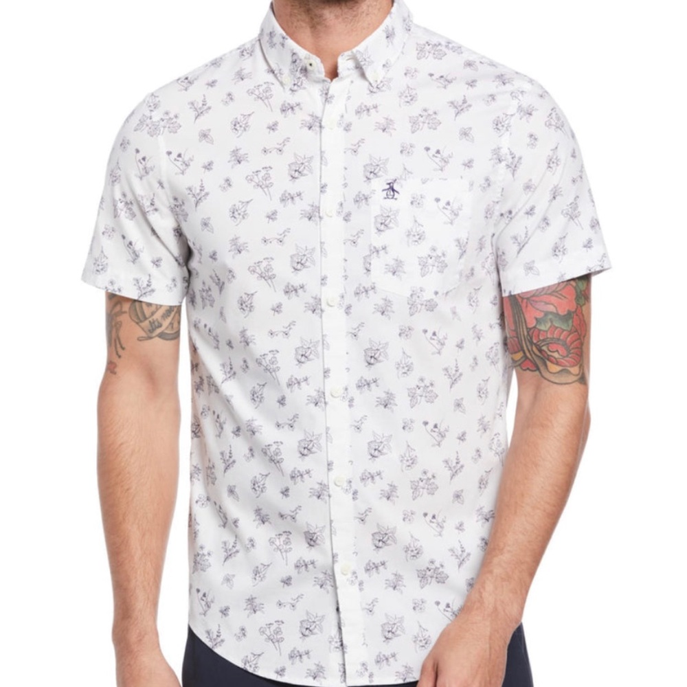 Original Penguin Relaxed Fit Flower Print White Blue Men Small Short Sleeve NWT